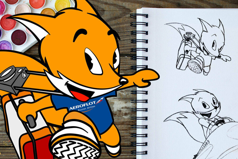 Illustration sketch and vector final design of a mascot for aeroflot (russian airline)